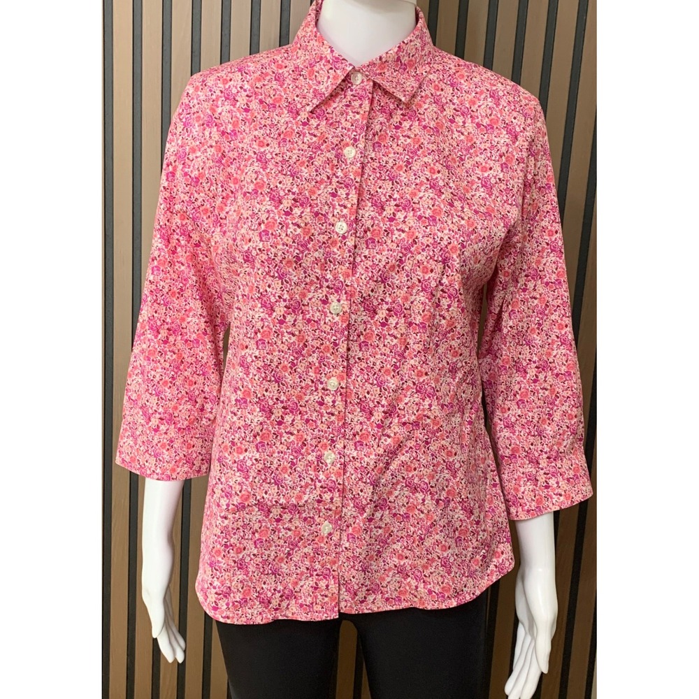 LL Bean Women's XS Pink Floral Wrinkle Resist Cotton 3/4 Sleeve Button Shirt